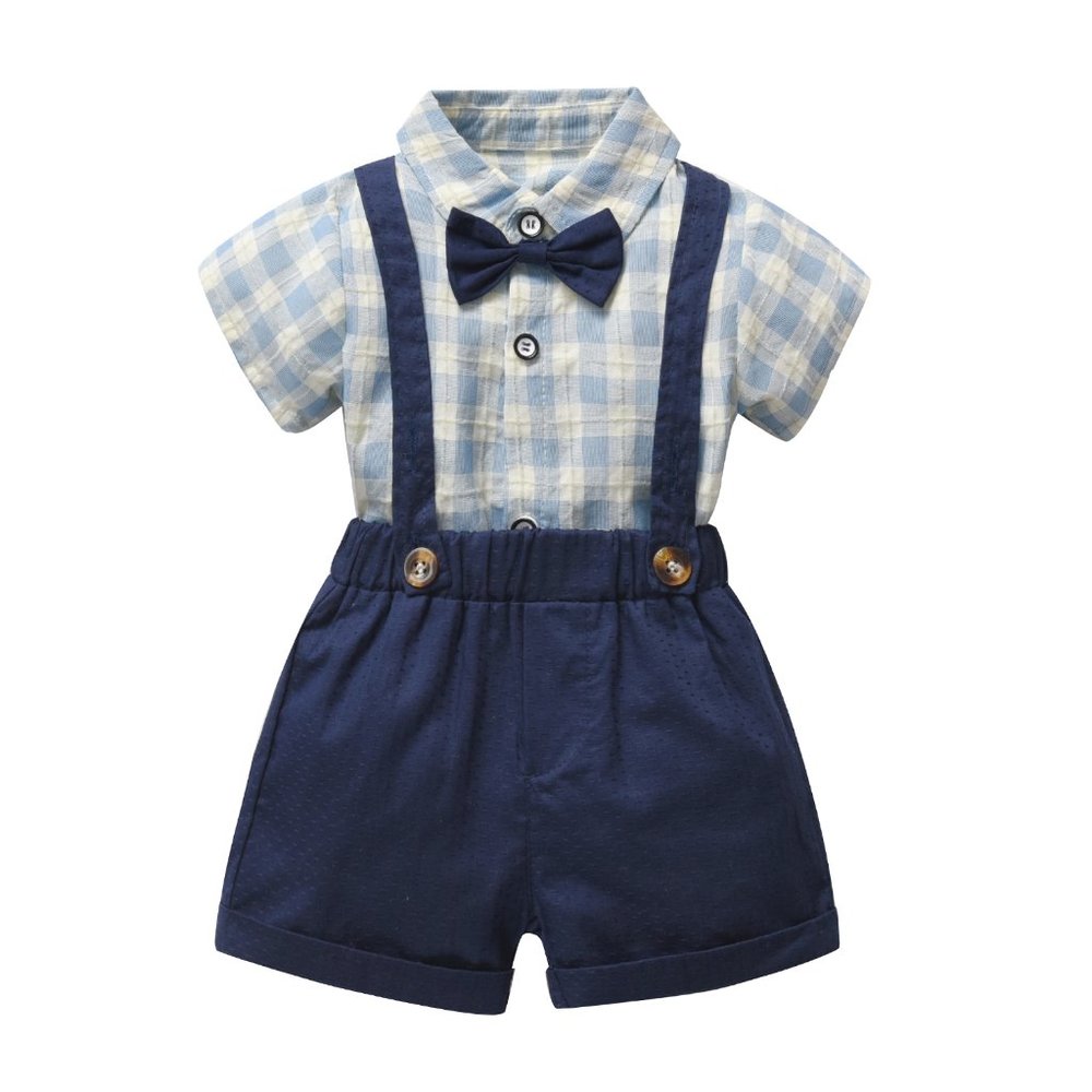 Blue-White Plaid Shirt and Suspender Shorts 2pcs Little Boy Outfit